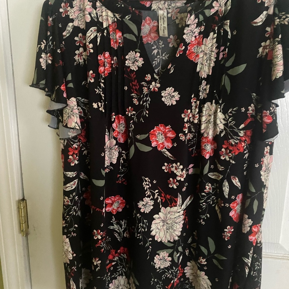 💕Floral Black and Red Women's Top flutter sleeve size 2x